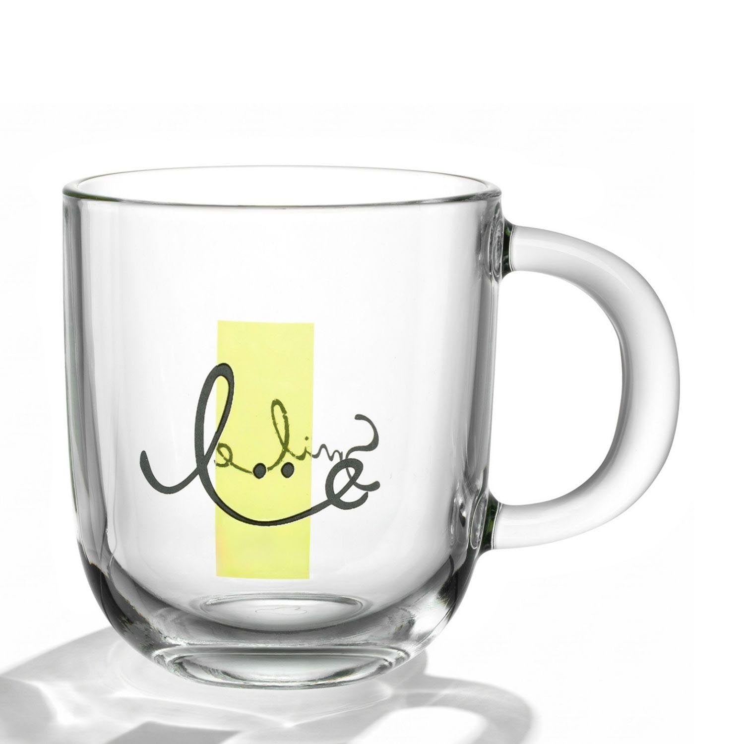 Tasse EMOZIONE 400 ml mit gelbem Rechteck und schwarzer Smile-Gesichtsgravur