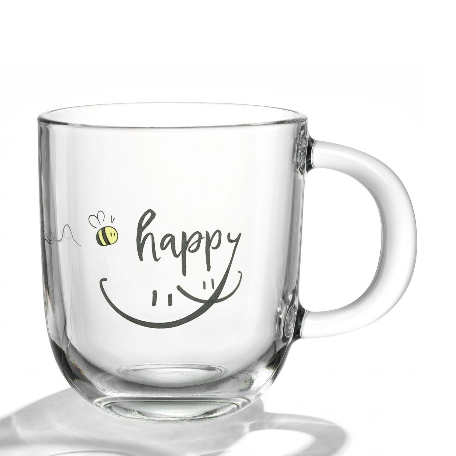 Tasse EMOZIONE 400 ml mit "happy"-Schriftzug und Biene auf weißem Hintergrund