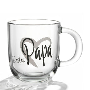 Tasse EMOZIONE mit Schriftzug "Bester Papa" und Herz-Motiv, klares Glas