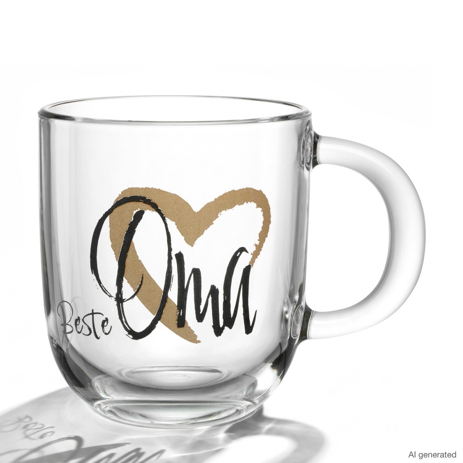 Glastasse mit Gravur "Beste Oma" und Herzmotiv in Gold und Schwarz