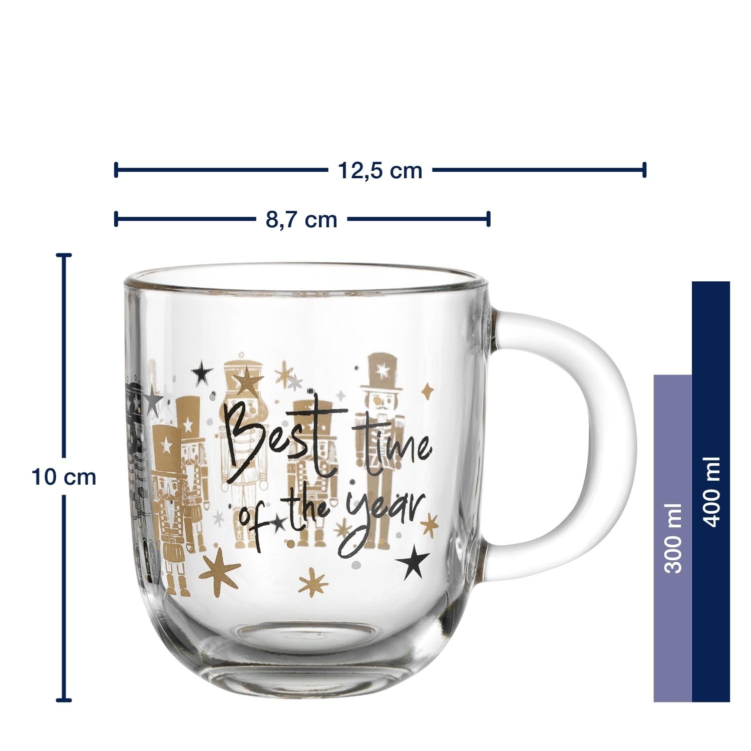 Tasse RIPOSO 400 ml mit Gravur "Best time of the year" und Massangaben