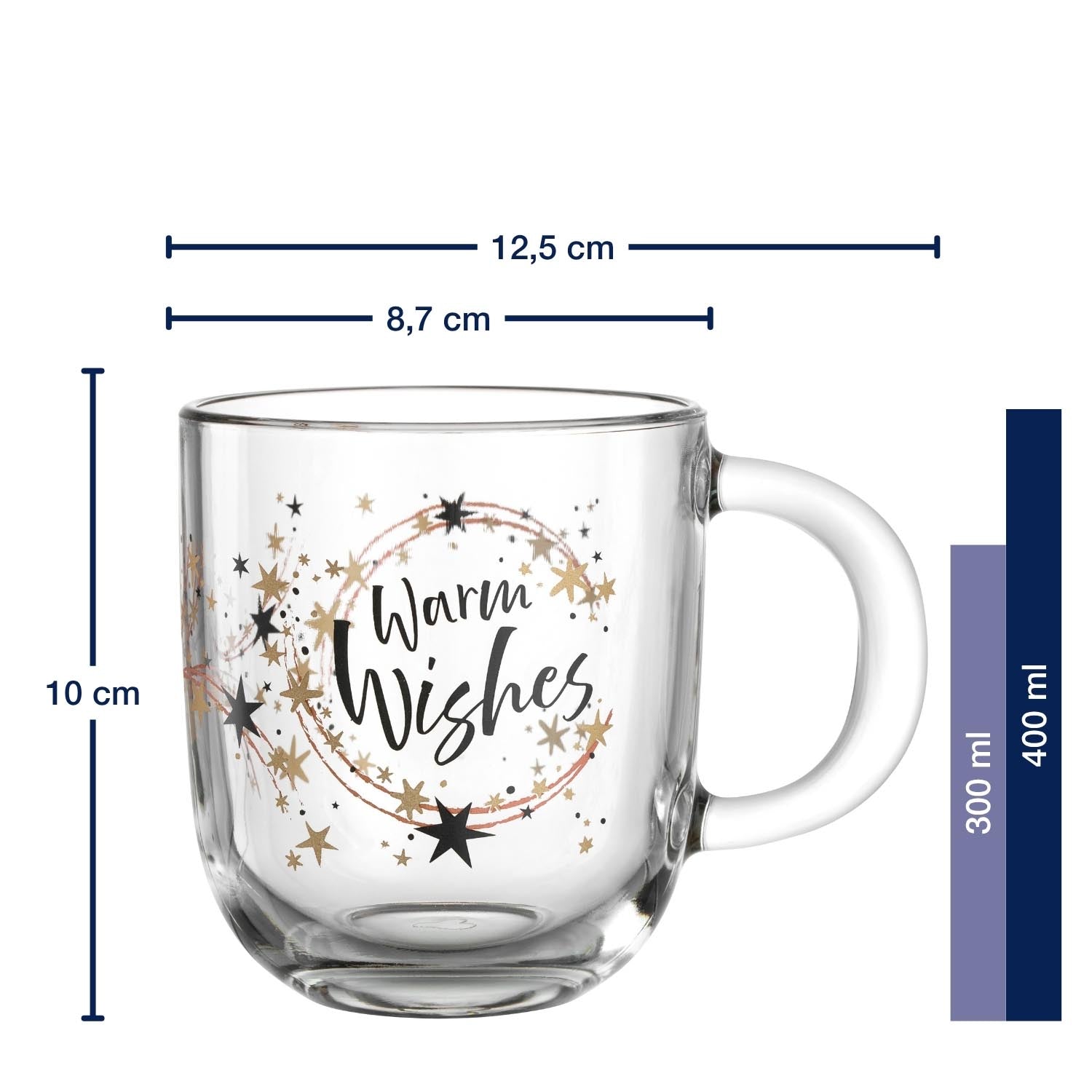 Tasse RIPOSO 400 ml mit Schriftzug und Sternen-Dekoration, Massangaben