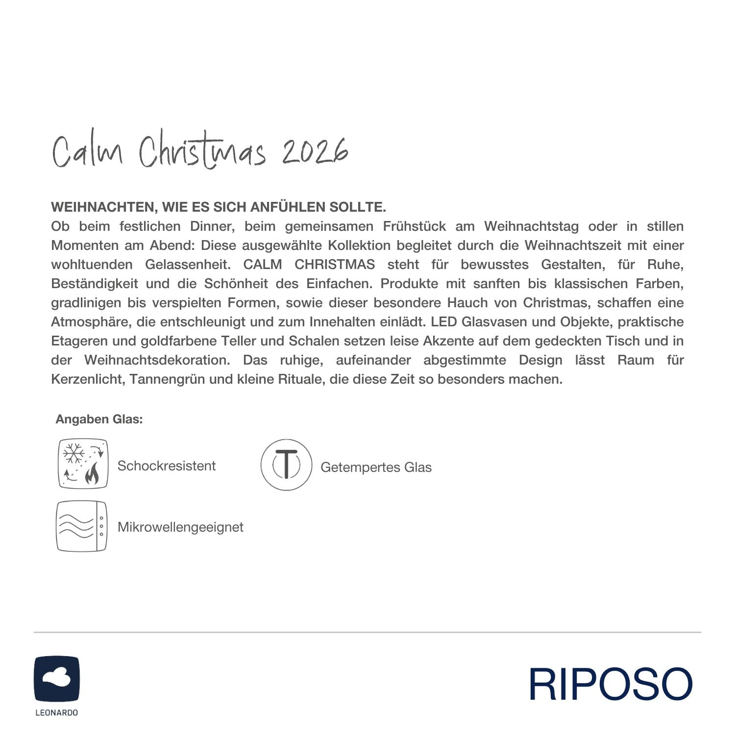Tasse RIPOSO mit Produktinformationen, Pflegeanleitung und Herstellerlogo