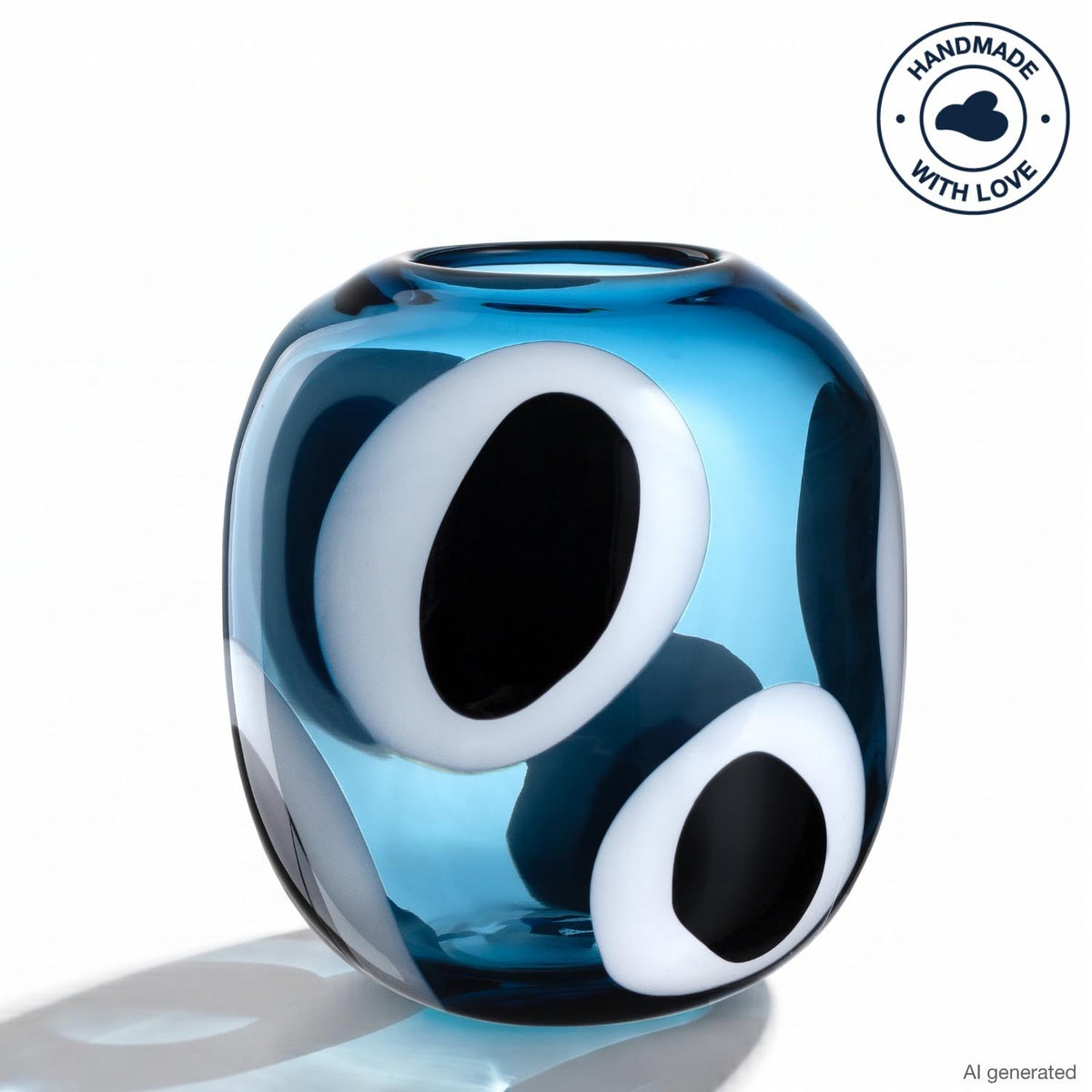 Blaue Glasesvase OCCHI BLU mit weißen ovalen Augen-Motiven auf weißem Hintergrund