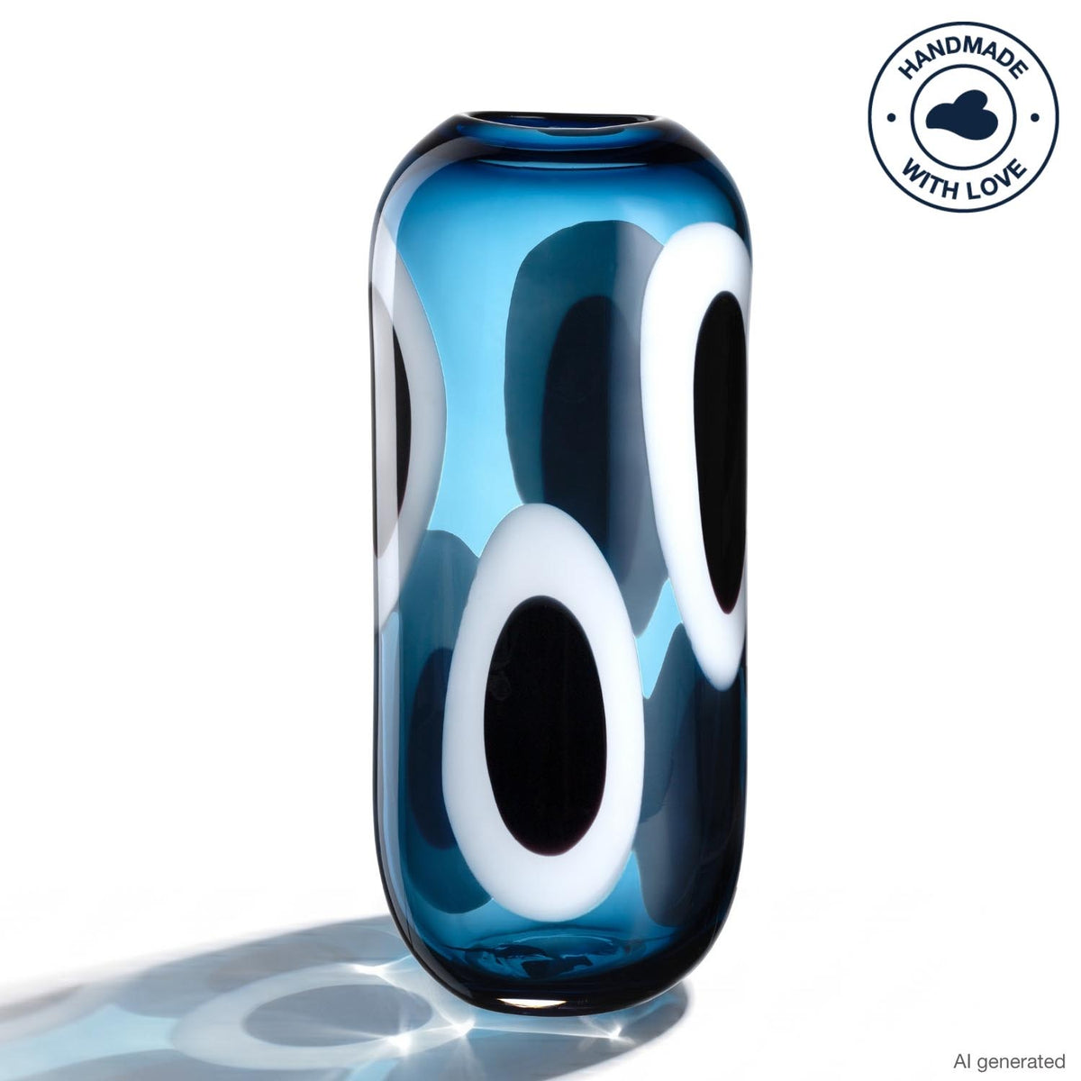 Vase OCCHI BLU mit weißen Augen-Motiven auf blauem Glashintergrund