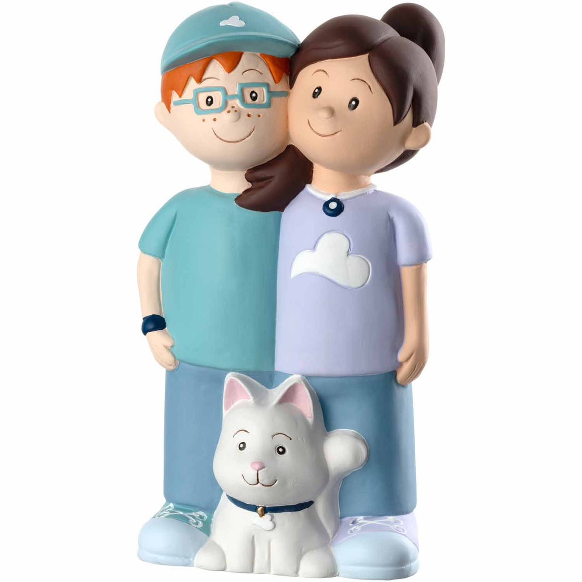 Keramikfigur mit zwei lächelnden Kindern und weißer Katze