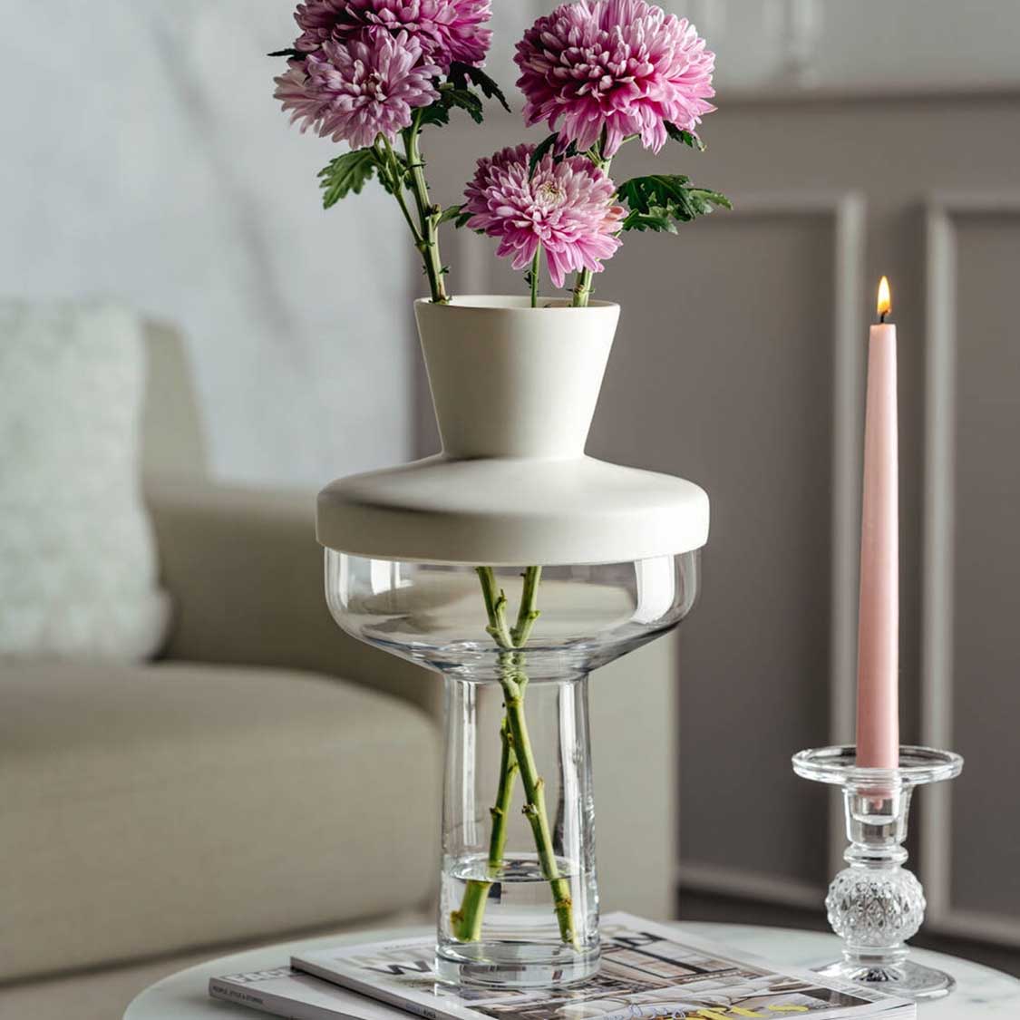 Vase RIVA mit Aufsatz 36 cm weiß