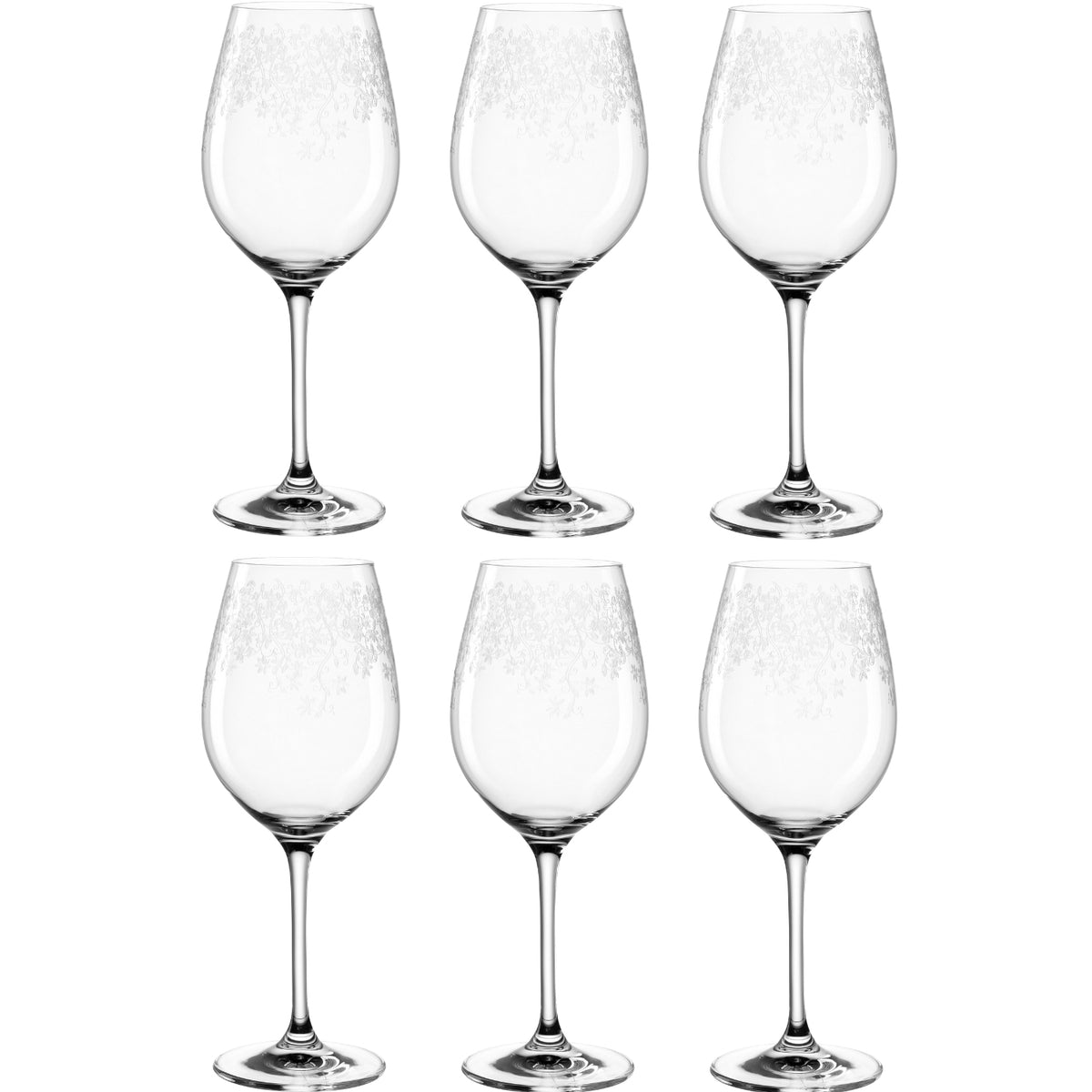 Sechs klare Rotweingläser CHATEAU 510 ml in zwei Reihen angeordnet