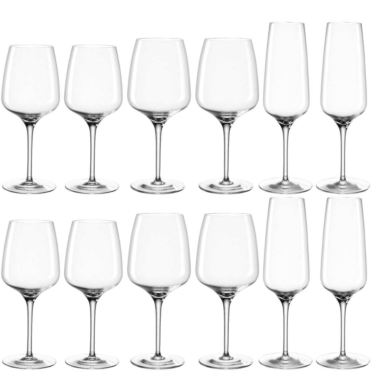 Kelchglasset CESTI 12-teilig in zwei Reihen angeordnet, klare Gläser vor weißem Hintergrund