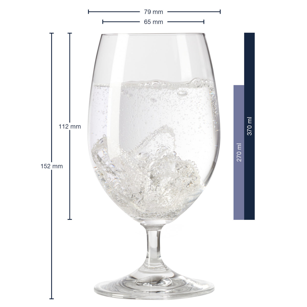 Massangaben zum Wasserglas DAILY 370 ml mit Eiswürfeln gefüllt