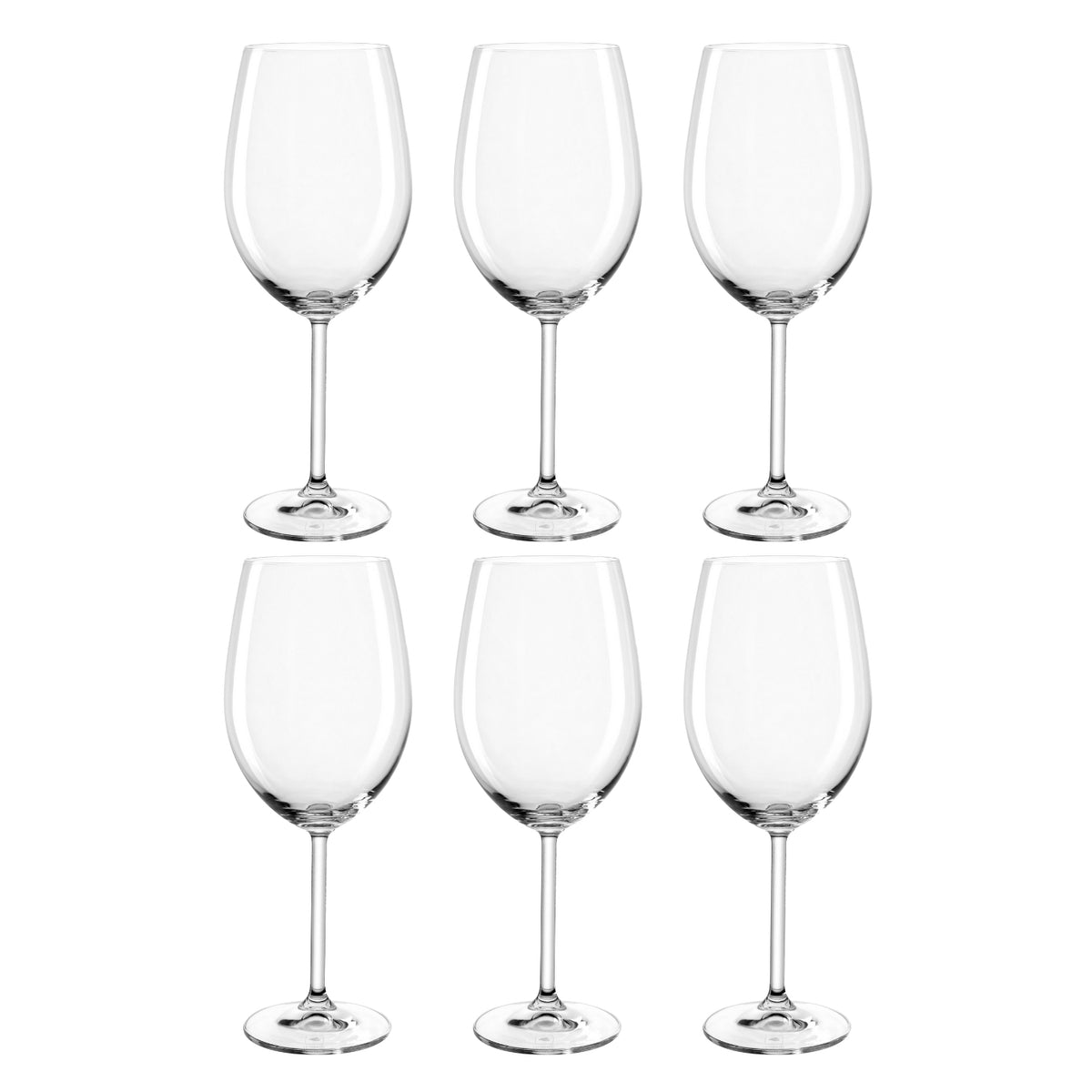 Sechs klare Bordeauxgläser DAILY 640 ml in zwei Reihen angeordnet