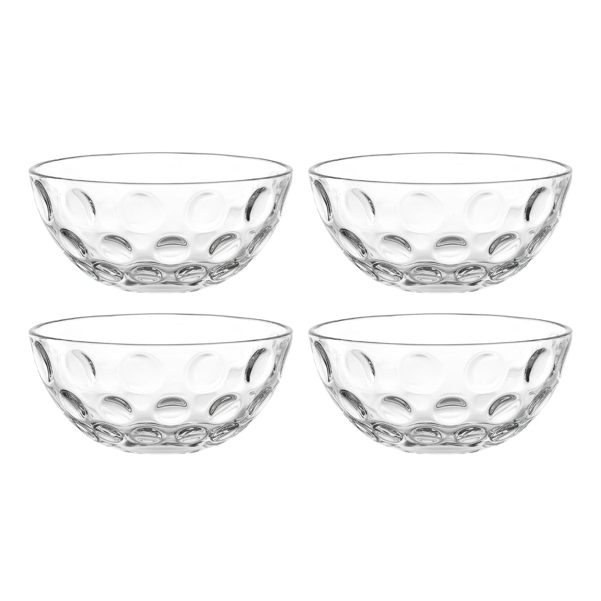 Vier transparente Glassschalen CUCINA OPTIC mit Reliefmuster, angeordnet in 2x2 Anordnung