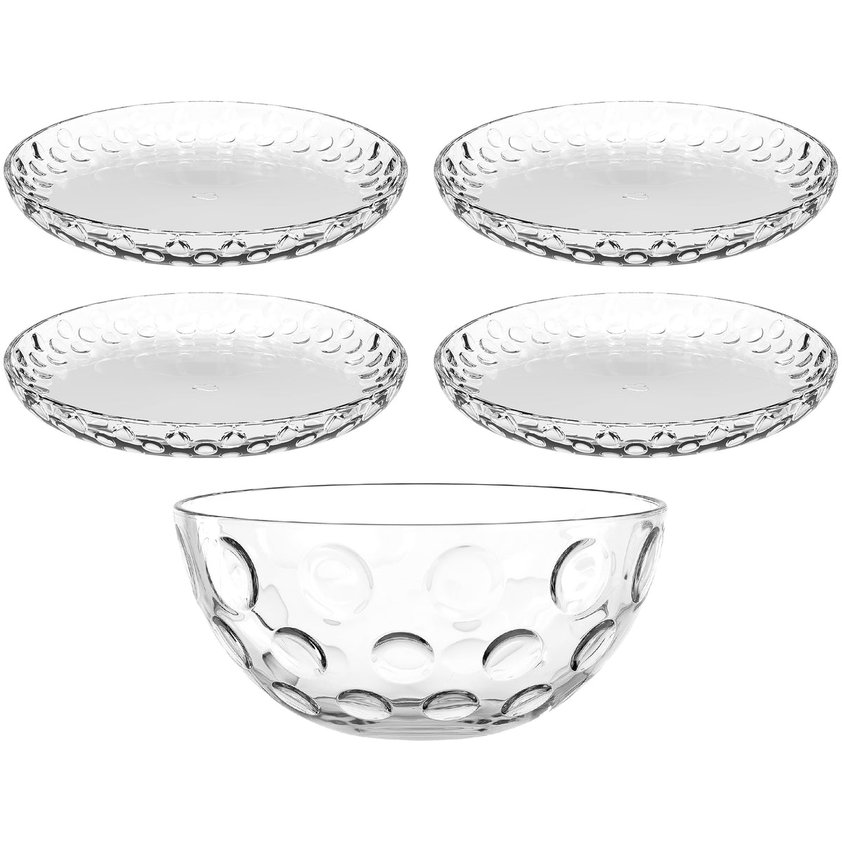 Set CUCINA OPTIC 5-teilig, vier Teller und eine Schale aus klarem Glas