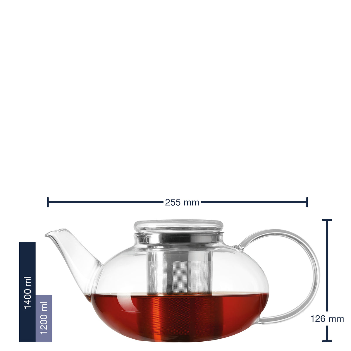 Teekanne MOON 1,2 l mit rote Teeflüssigkeit und Massangaben
