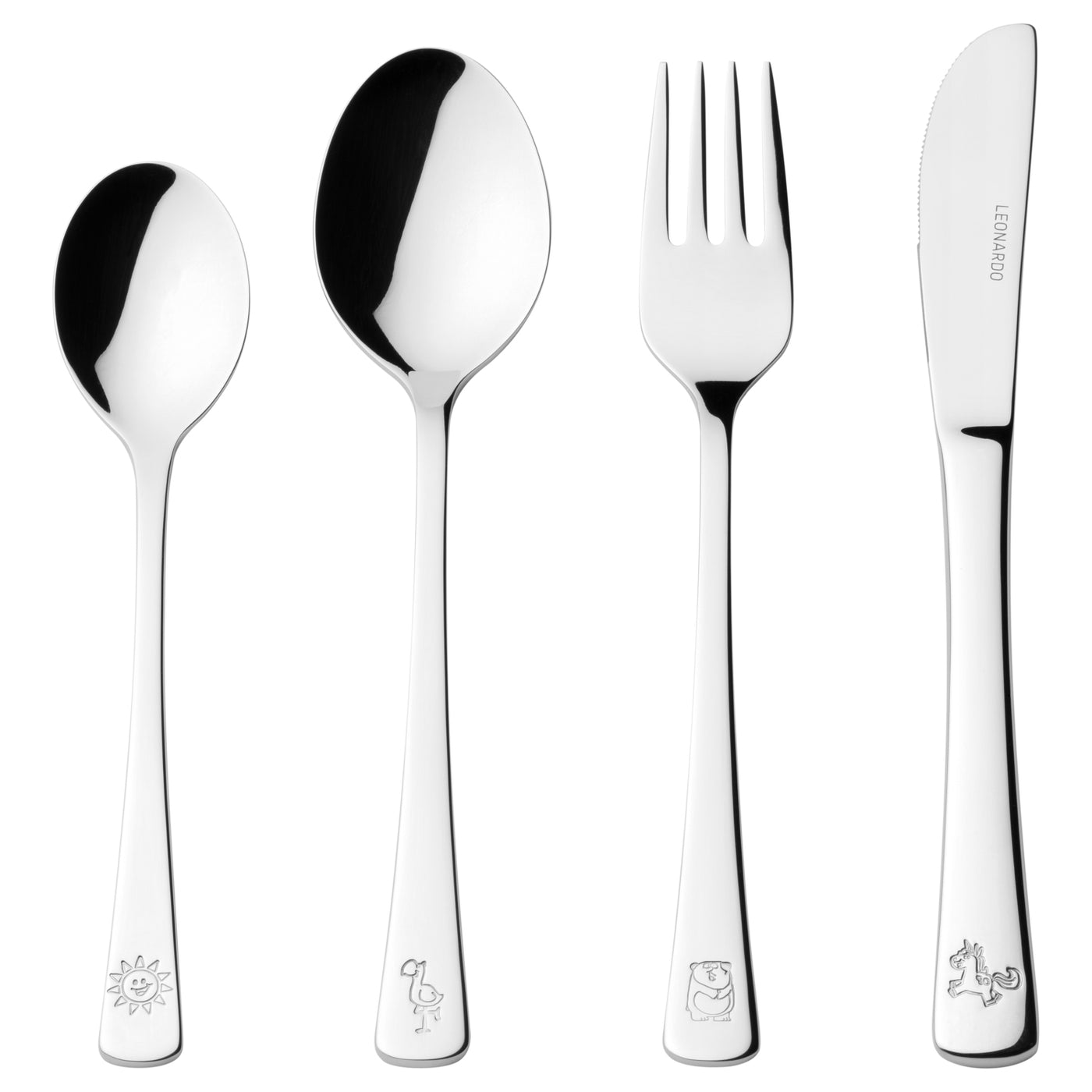 Kinderbesteck BAMBINI 4-teilig silber mit Tiermotiven auf den Griffen