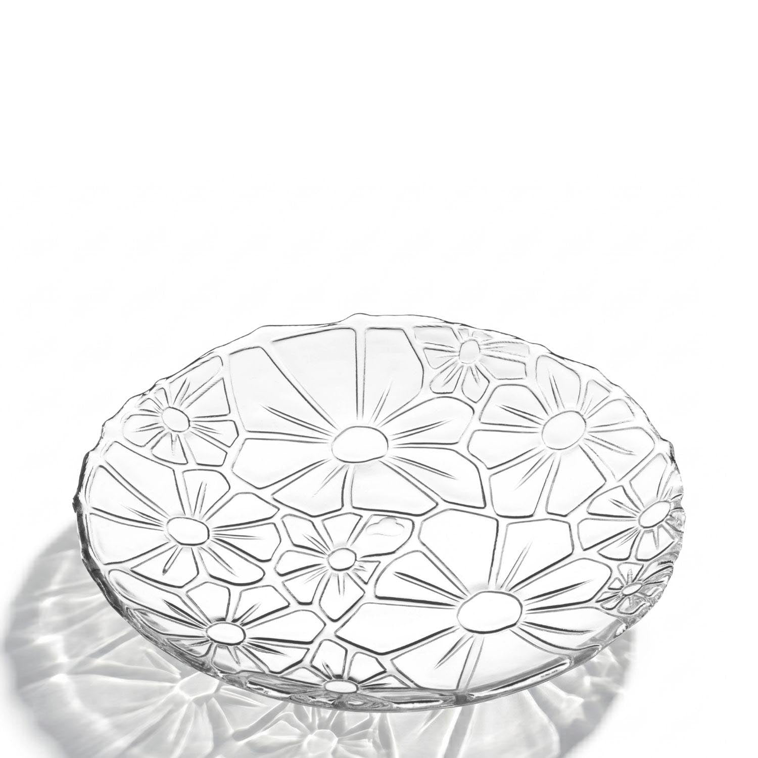 Teller GIORNO 21 cm aus Glas mit Blumenmuster, Draufsicht auf weißem Hintergrund