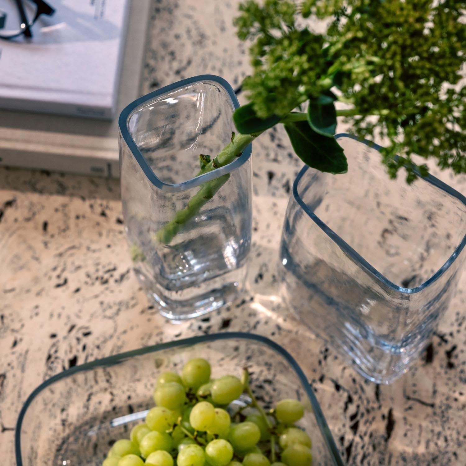 Solifleurvase PIETRA mit Wasser, Grünpflanze und grünen Trauben auf Steinoberfläche