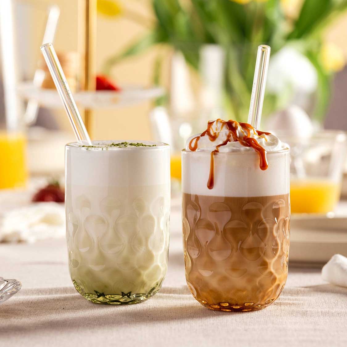 Matcha Latte Gläser GOCCE mit Glastrinkhalm 4-teilig
