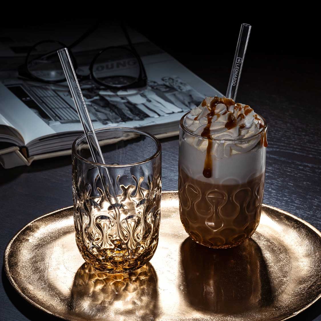 Caramel Macchiato Gläser GOCCE mit Glastrinkhalm 4-teilig