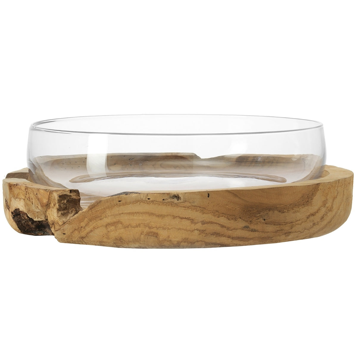Schale TERRA mit Teaksockel, Glasschale auf Holzsockel