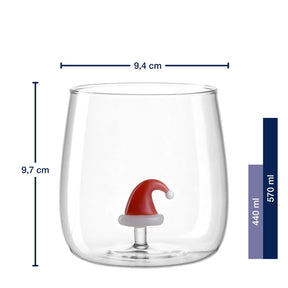 Trinkglas RIPOSO 570 ml mit Weihnachtsmütze-Motiv und Massangaben