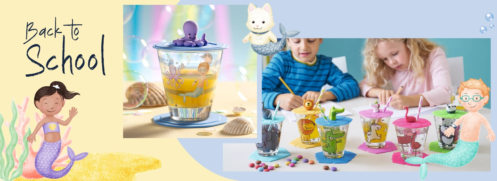 Banner im Querformat mit Kindern beim Basteln, bunten Tiermotiv-Gläsern, Meerjungfrau und Meermännchen sowie dem Schriftzug „Back to School“ – links ein Becher mit Oktopusdeckel und maritimen Motiven.