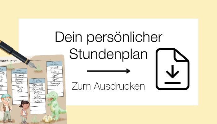 Vorlage für einen ausdruckbaren Stundenplan mit Dino-Illustrationen und dem Text „Dein persönlicher Stundenplan – Zum Ausdrucken“ auf gelbem Hintergrund.