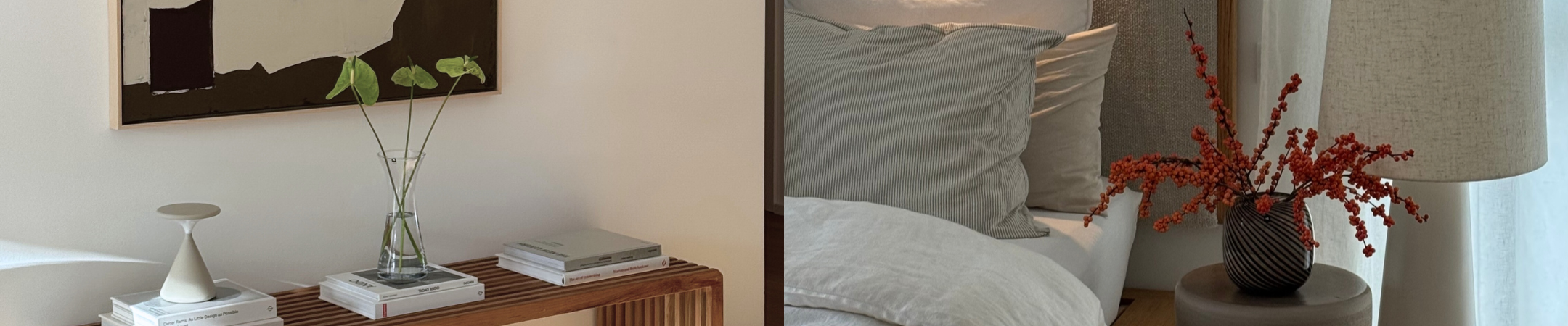 Breites Banner mit Wohnaccessoires wie Vasen in matten Naturfarben und grüner Pflanze vor heller Wand.