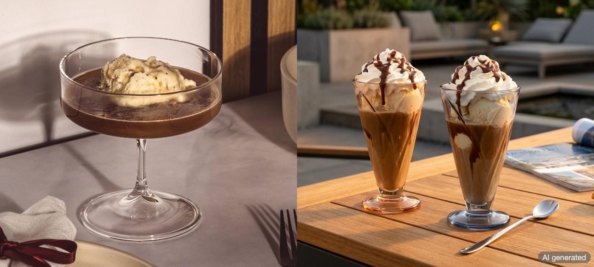 Elegante Eisschalen und Eisbecher mit Vanilleeis und Schokoladensauce auf sonniger Terrasse