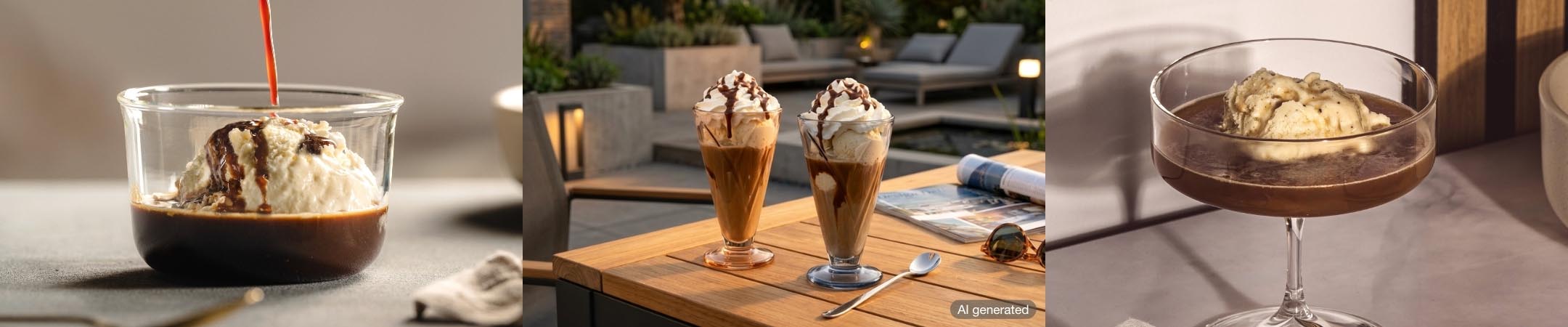 Drei elegante Eisbecher mit Vanilleeis und Schokoladensauce auf Holztisch und in Gläsern, sonnig inszeniert
