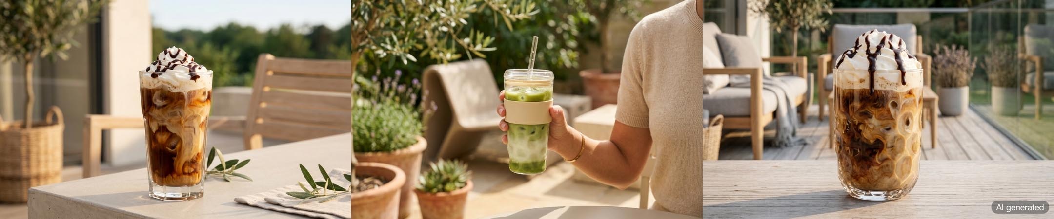 Eiskaffee und Cold-Brew-Gläser auf sonniger Terrasse, Frau hält Glas mit grünem Getränk, Holzterrasse und Grünpflanzen im Hintergrund