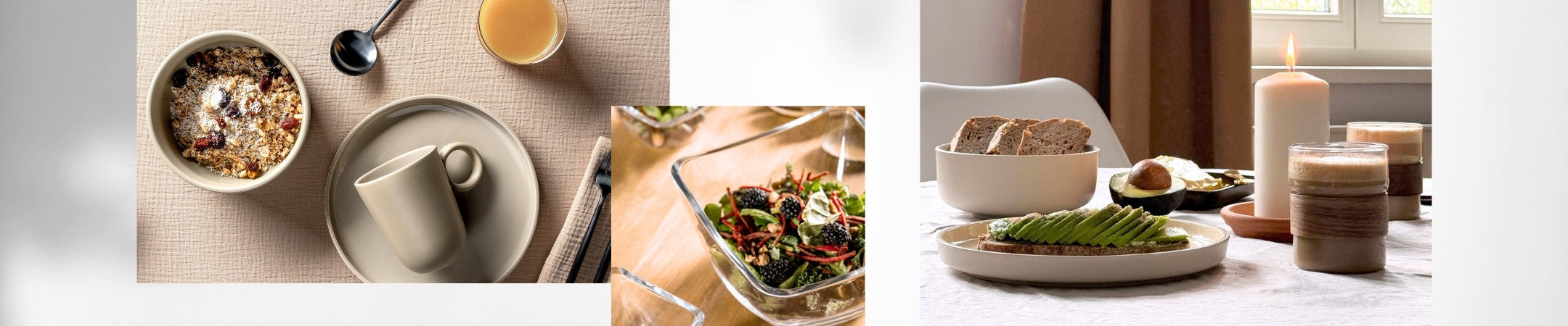 Modern gedeckter Tisch mit Müslischale, Kaffeetasse, Salatschüssel und Avocado-Toast bei Kerzenschein.