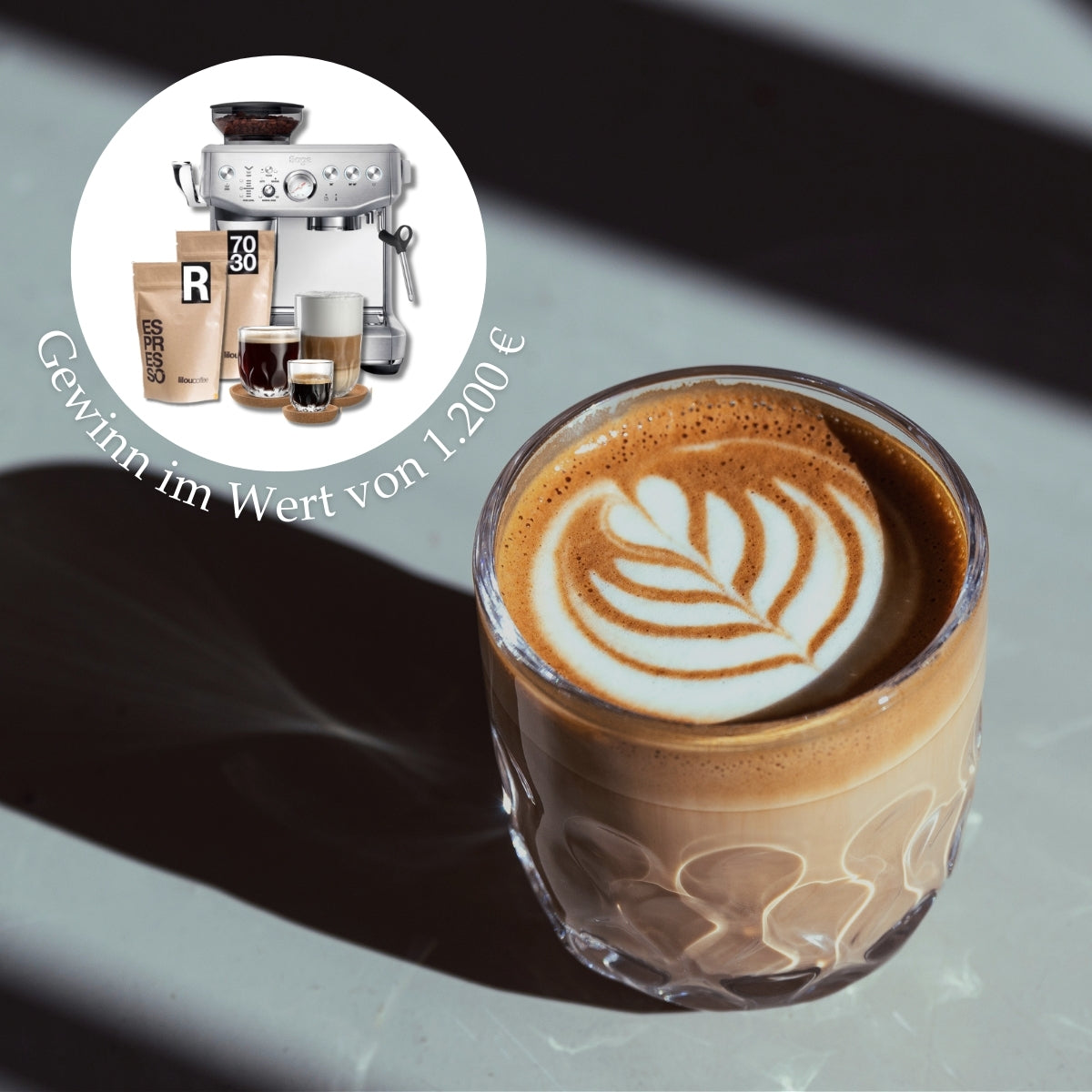 Gewinnspielgrafik: Cappuccino im LEONARDO-Glas mit Latte-Art und Gewinnspiel im Wert von 1.200 €