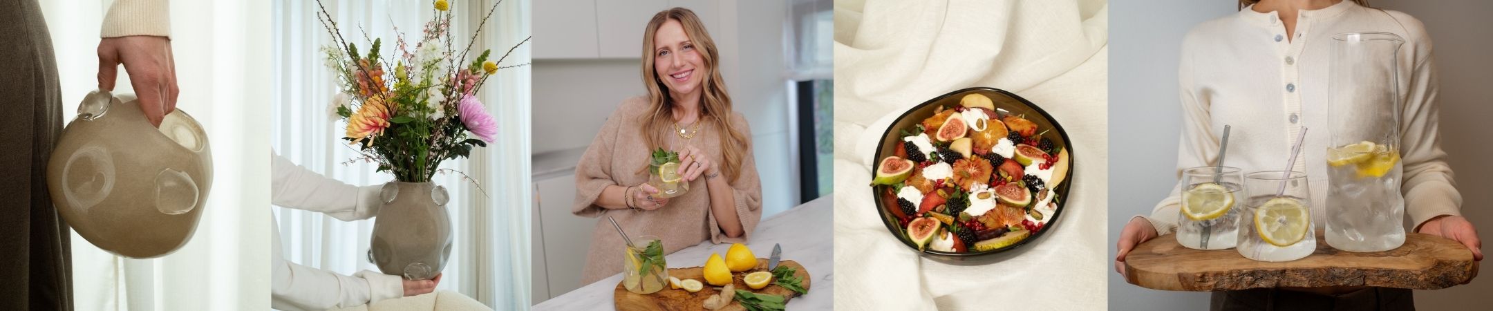 Heller Lifestyle-Header mit fünf Szenen: Eine Hand gießt Wasser in eine runde beige Keramikvase, anschließend steht die Vase mit buntem Blumenstrauß am Fenster. Eine lächelnde Frau hält in der Küche ein Glas Zitronengetränk, daneben liegen frische Zitronen und Kräuter. Daneben eine dekorative Schale mit Joghurt und frischem Obst. Rechts trägt eine Person ein Holztablett mit mehreren Gläsern Zitronenwasser.