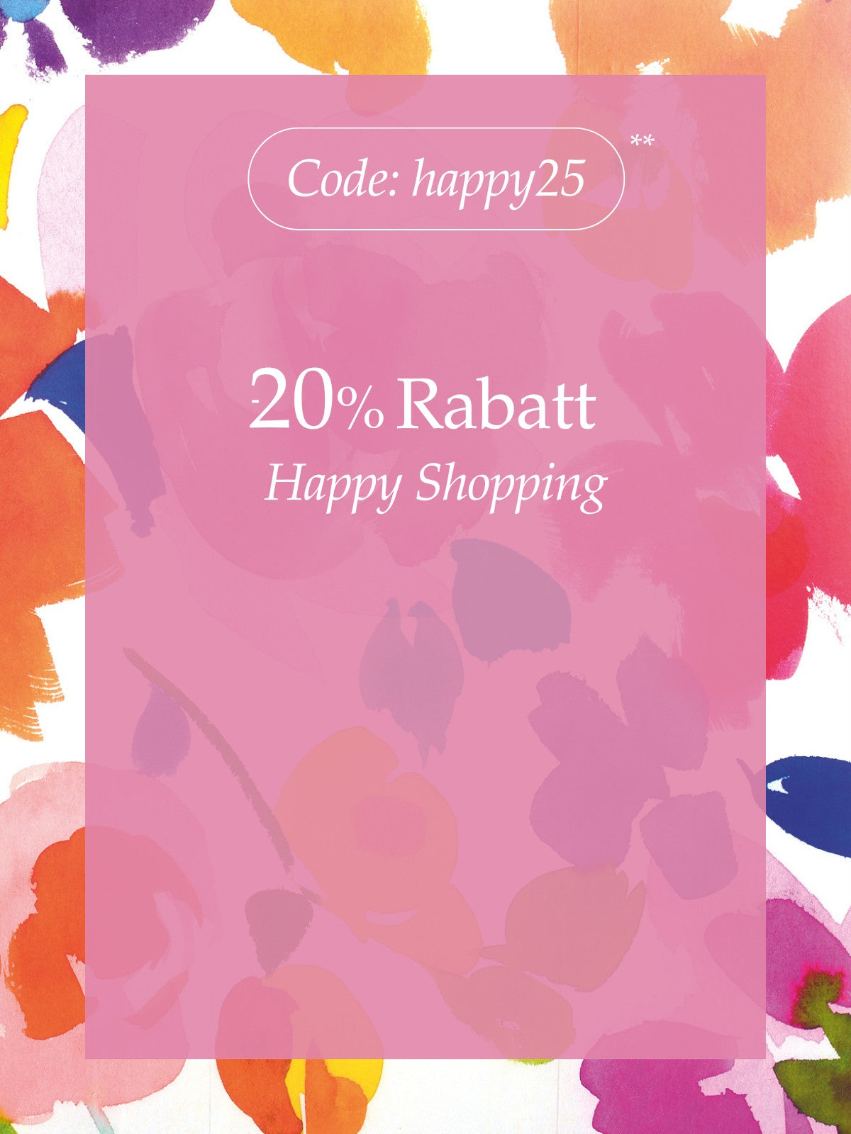 farbenfroher Slider für die Startseite für die Happy Shopping Aktion. -20 % Rabatt mit dem Code: happy25