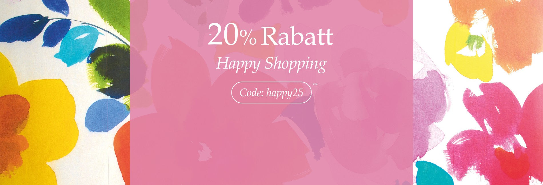 farbenfroher Slider für die Startseite für die Happy Shopping Aktion. -20 % Rabatt mit dem Code: happy25