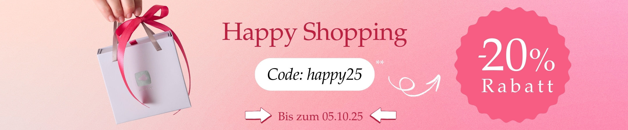 Werbebanner mit rosa Hintergrund, einer weißen Geschenkbox mit rotem Band und dem Hinweis ‚Happy Shopping – Code: happy25 – 20 % Rabatt bis zum 05.10.25‘.