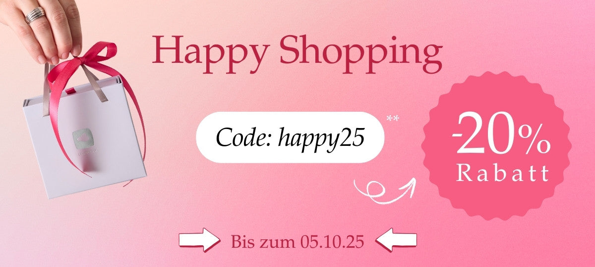 Mobile Rabattaktion mit rosa Hintergrund, Geschenkbox mit Schleife und dem Hinweis ‚Happy Shopping – Code: happy25 – 20 % Rabatt bis zum 05.10.25‘.