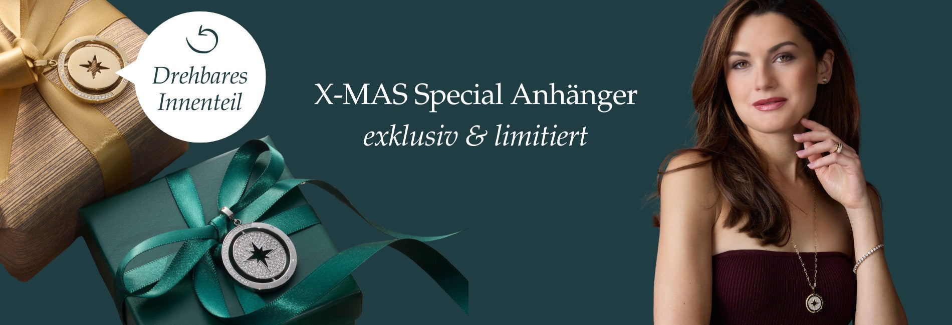 Ein Banner mit dem Text „Winterliche Deko-Ideen voller Wärme & Glanz“ zeigt eine goldene Etagere mit Gebäck, Glas-Windlichter mit Kerzen, eine Vase mit grünen Zweigen sowie zwei leuchtende Glasobjekte in Zylinderform.