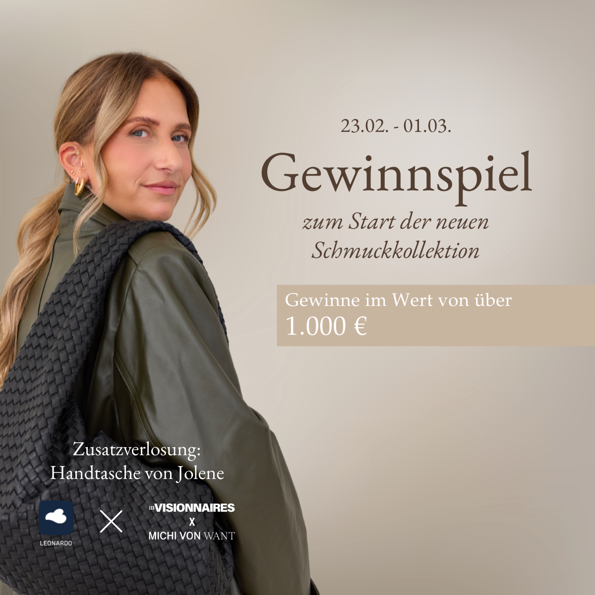 Frau (Michi von Want) mit geflochtener schwarzer Tasche über der Schulter, daneben Text zum Gewinnspiel vom 23.02. bis 01.03. mit Gewinnen im Wert von über 1.000 Euro.