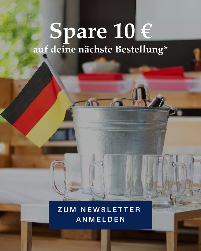 Spare 10 € auf deine nächste Bestellung. Metallkübel mit Glasbechern und deutscher Flagge, Newsletter-Anmeldung