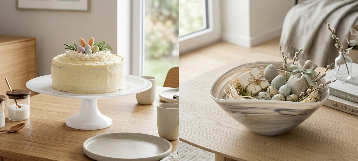 Zweiteilige Osterszene: links ein dekorierter Osterkuchen mit kleinen Eiern und Hasenohren auf einem Tortenständer auf Holztisch, rechts eine Schale mit Ostereiern, Geschenken und Zweigen in heller Wohnumgebung.