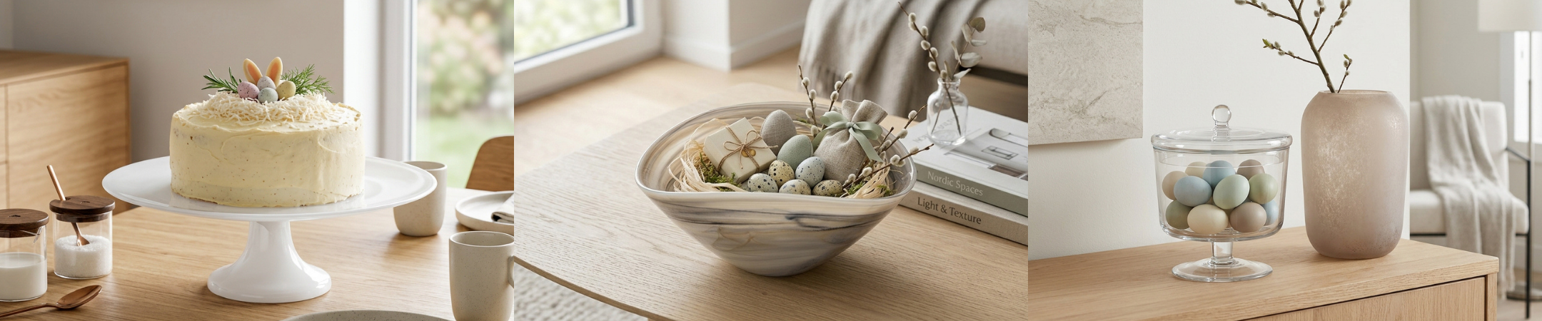 Dreiteilige Osterszene: links ein Osterkuchen auf Tortenständer, in der Mitte eine dekorative Schale mit Ostereiern und kleinen Geschenken, rechts ein Glasgefäß mit pastellfarbenen Eiern neben einer Vase mit Zweigen in minimalistischem Raum.