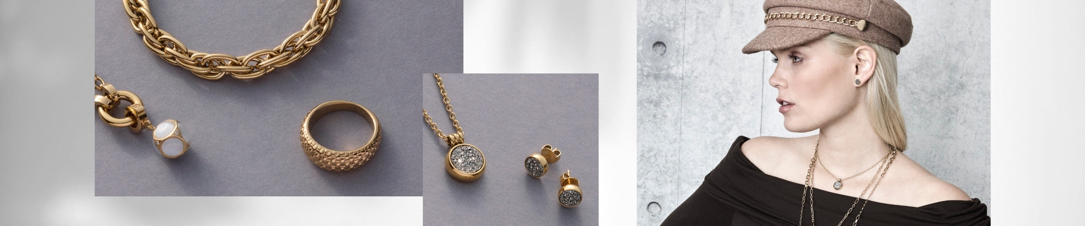 Goldfarbene Ketten, Ringe und Ohrstecker auf grauem Hintergrund sowie Frau mit Mütze und mehrlagigem Halsschmuck.