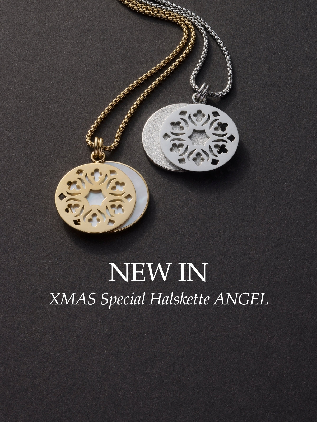 NEW IN XMAS Special Halskette ANGEL, zwei Varianten in Gold und Silber auf dunklem Hintergrund